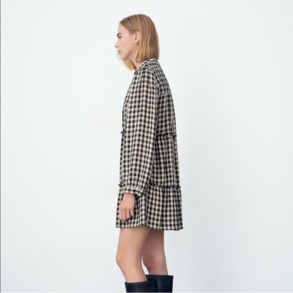Zara Black and Tan Gingham Long Sleeve Mini Dress - Picture 8 of 8